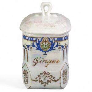 🟢 Victoria Czechoslovakia Lusterware Ginger Spice Jar Vintage Lidded Container